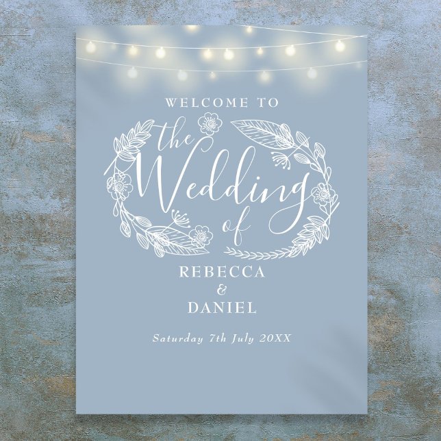 Dammiga blå strängljus bröllopsväggskylt poster (Dusty Blue String Lights Wedding Welcome Sign)
