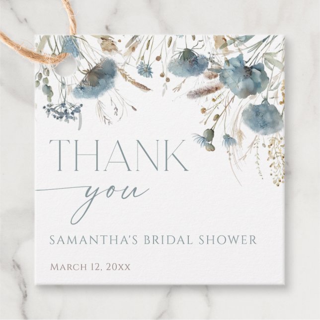 Dammiga blå vilda blommor boho bröllopsfest gåvor etiketter (Framsida)