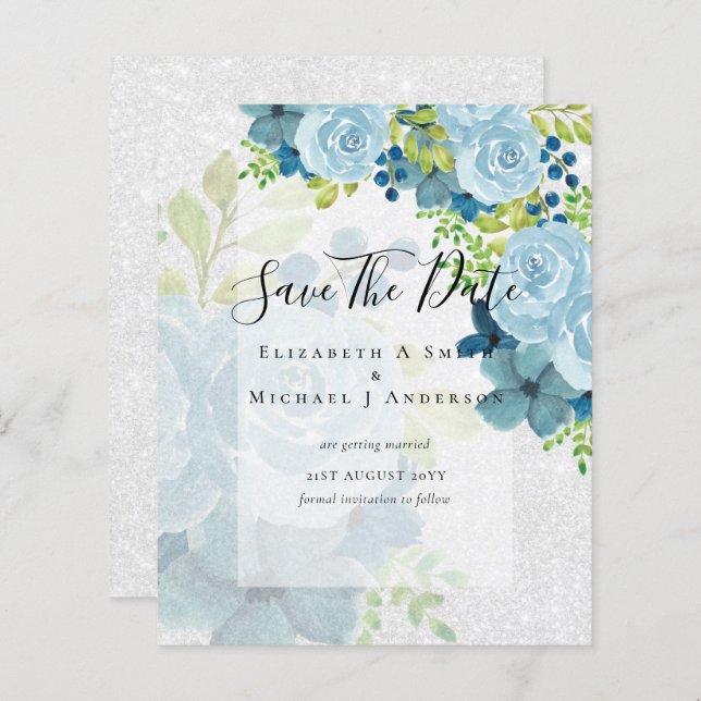 DAMMIGA BLÅA BLOMMOR SPARAR DATUM - BUDGETT (Fram/baksida)