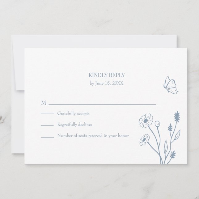 Dammiga blåa vildblommor och fjärilar RSVP-kort Inbjudningar (Framsida)