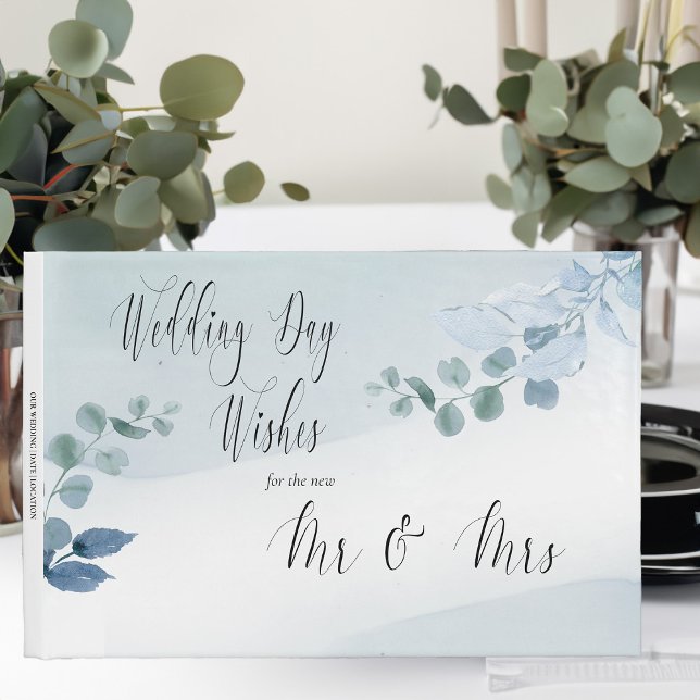 Dammiga eukalyptus Eleganta bröllopshälsningar Gästböcker (Wedding Day Wishes guest book from Dusty Eucalyptus wedding collection)