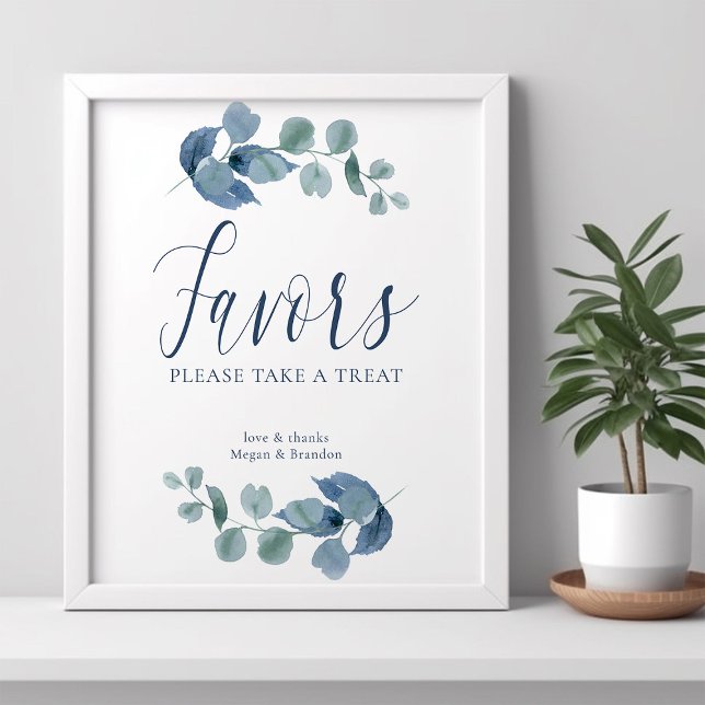 Dammiga eukalyptus enkla akvarellblad för fördelni poster (Favors Poster from the Dusty Eucalpytus wedding collection by Darling & May)
