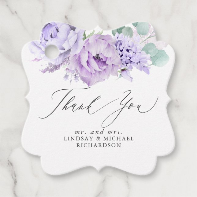 Dammiga lila blommiga eleganta tack-kort gåvor etiketter (Framsida)