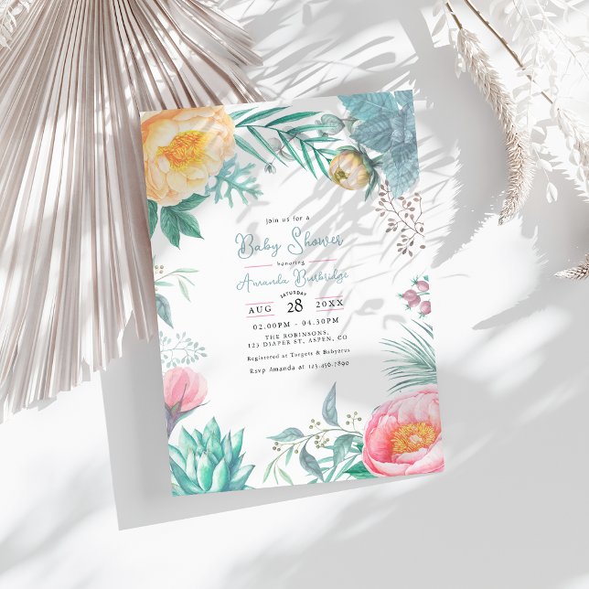 Dammiga Pastell Tropicala Blommiga Sommar Babyshow Inbjudningar (Dusty Pastel Tropical Floral Summer Baby Shower Invitation)