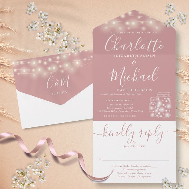Dammiga ros strängljus murarvas bröllop (Dusty Rose String Lights Mason Jars Wedding All In One Invitation)