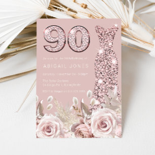 Dammiga rosor Rodnad klänning Elegant 90-årsdag Inbjudningar