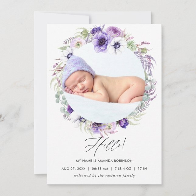 Dammiga Violetta Födelseannons Fotokort Meddelande (Framsida)