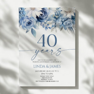 Dammigt Blå Blommig 40-års Bröllopsjubileum Inbjudningar