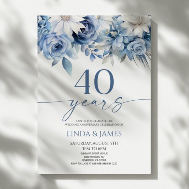 Dammigt Blå Blommig 40-års Bröllopsjubileum Inbjudningar (Skapare uppladdad)