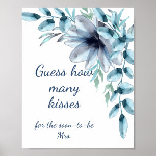 Dammigt blå blommig hur många kyssar bröllopsdusch poster