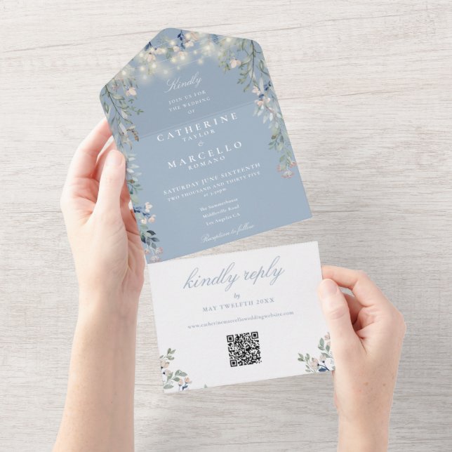 Dammigt Blå Blommig Strängljus QR-kod Bröllop (Avrivbar del)
