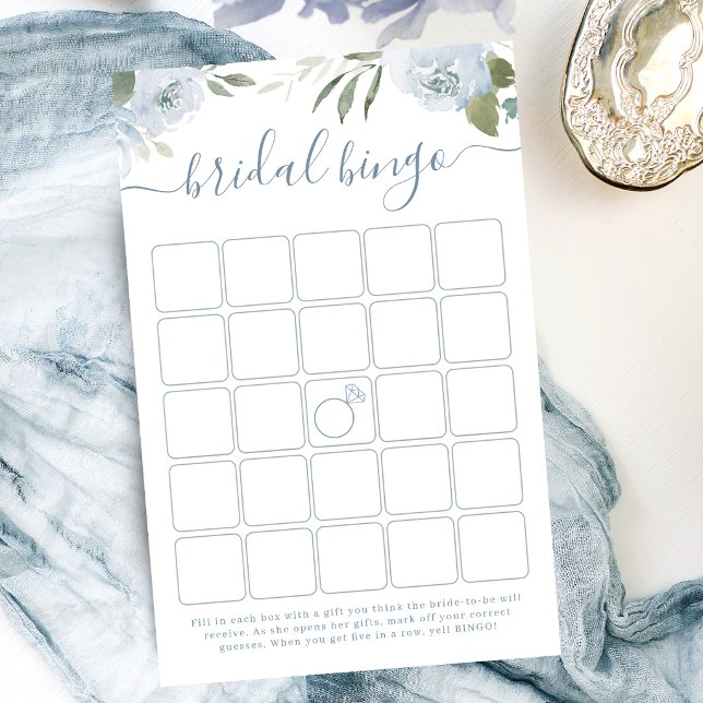 Dammigt blå blomsterbröllopsbingospel (Dusty blue floral bridal shower bingo game)
