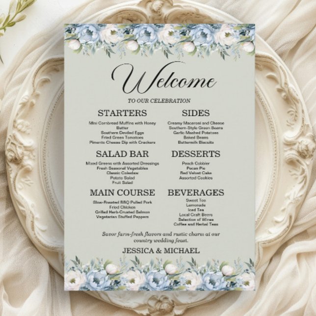Dammigt blå blomstergestaltning Salvia grön bröllo Meny (Dusty blue and white watercolor floral on sage green 5"x7" wedding menu)