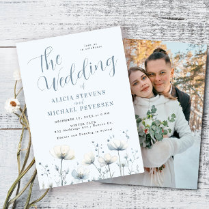 Dammigt blå boho elegant vinter blommande bröllop inbjudningar
