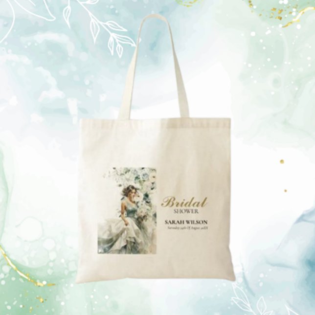 Dammigt blå eukalyptus grönska bröllopsdusch tygkasse (Dusty Blue Eucalyptus Greenery Bridal Shower Tote Bag Gift)