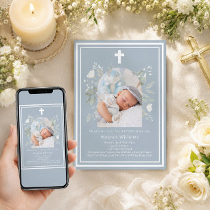 Dammigt blå fotobåge pojke blommor Dop Inbjudningar