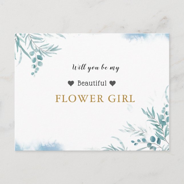 Dammigt Blå Grönska Eukalyptusblad Flower Girl Inbjudan Vykort (Framsida)