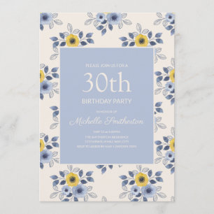 Dammigt Blå Gula Blommor Vita 30-årsdag Inbjudningar