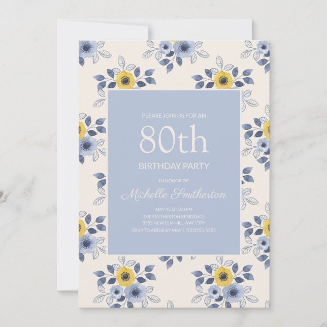 Dammigt Blå Gula Blommor Vita 80-årsdag Inbjudningar (Framsida)