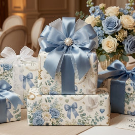 Dammigt blå guld blommig bröllopspresentförpacknin presentpapper