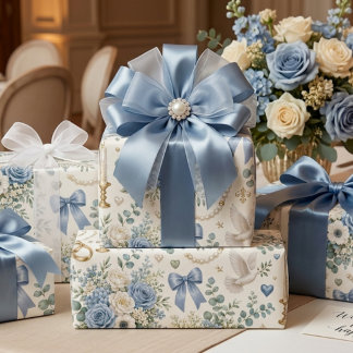 Dammigt blå guld blommig bröllopspresentförpacknin presentpapper