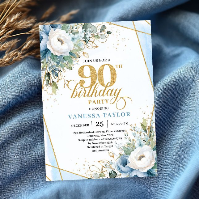 Dammigt blå guld skrift ram modern 90-årsdag  inbjudningar (Dusty blue gold script frame modern 90th birthday invite)