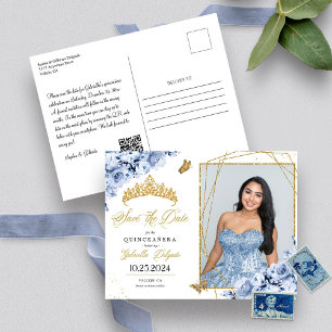 Dammigt blå & guld tiara Quinceañera foto postkort Vykort