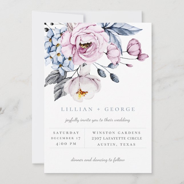 Dammigt blå mauve blomsterbukett bröllopsinbjudan meddelande (Framsida)