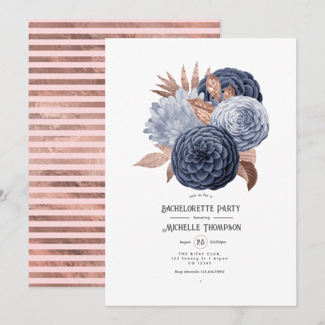 Dammigt blå och rosé guld blomsterbröllop fest för inbjudningar (Fram/baksida)