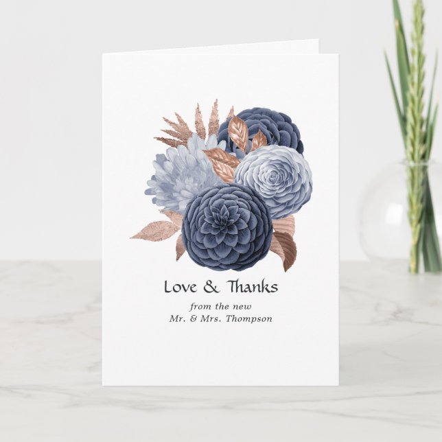 Dammigt blå och roséguld blommande bröllopsfoto tack kort (Framsida)