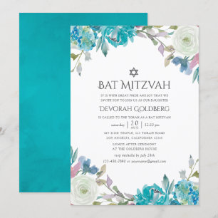 Dammigt blå och turkos blomster Bat Mitzvah Inbjudningar