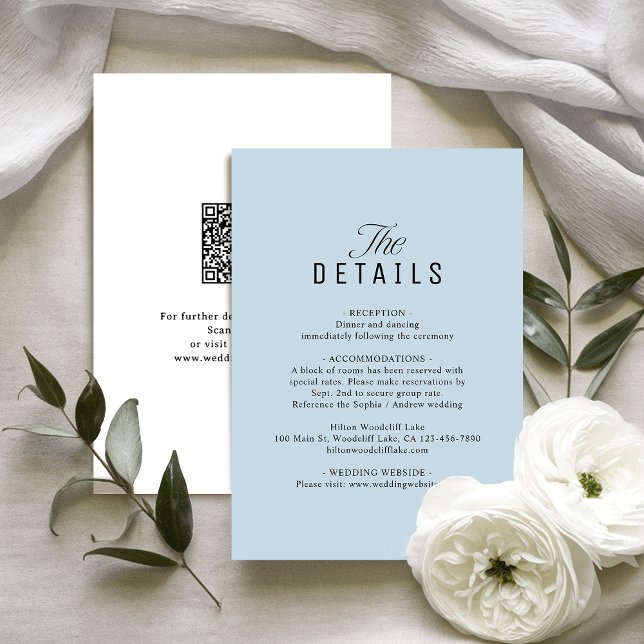 Dammigt blå QR-kod Klassiska Bröllopsdetaljer Anteckningskort (Dusty Blue QR Code Classy Wedding Details Note Card)