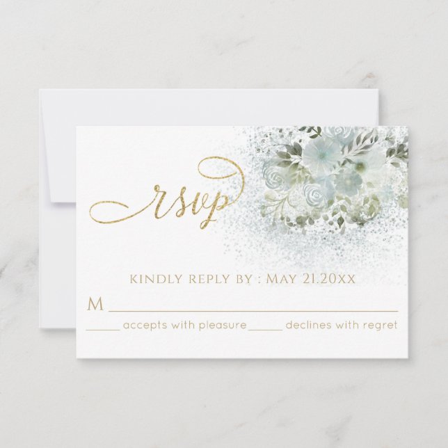 Dammigt blå romantisk blomster- guld kalligrafi OSA kort (Framsida)