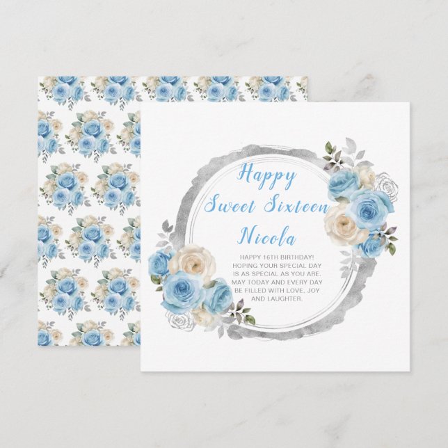Dammigt blå silver Eleganta blommor Sweet Sixteen Kort (Fram/baksida)