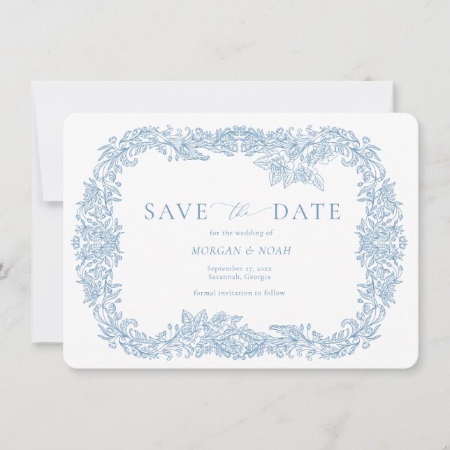 Dammigt blå vintage barock blomsterglas Spara datu Inbjudningar (Framsida)