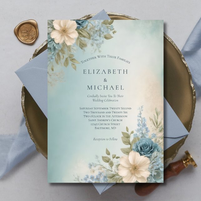 Dammigt blå vit akvarell blomsterbröllop inbjudningar (Dusty Blue White Floral Watercolor Elegant Formal Wedding Invitation Printed or Instant Download)