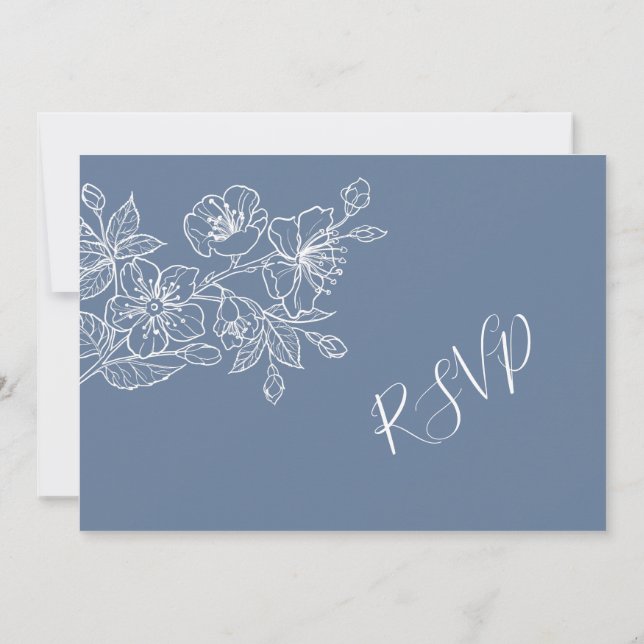 Dammigt blå vit blomster linjekonst RSVP Inbjudningar (Baksida)