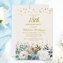 Dammigt blå vit blomsterguld 18-årsdag
