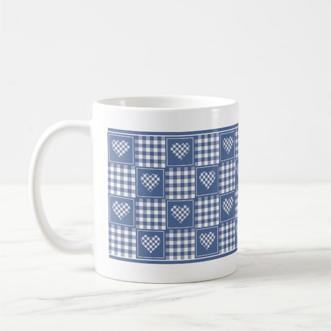 Dammigt blå-vit buffelkaroroll patchwork-hjärtan kaffemugg (Vänster)