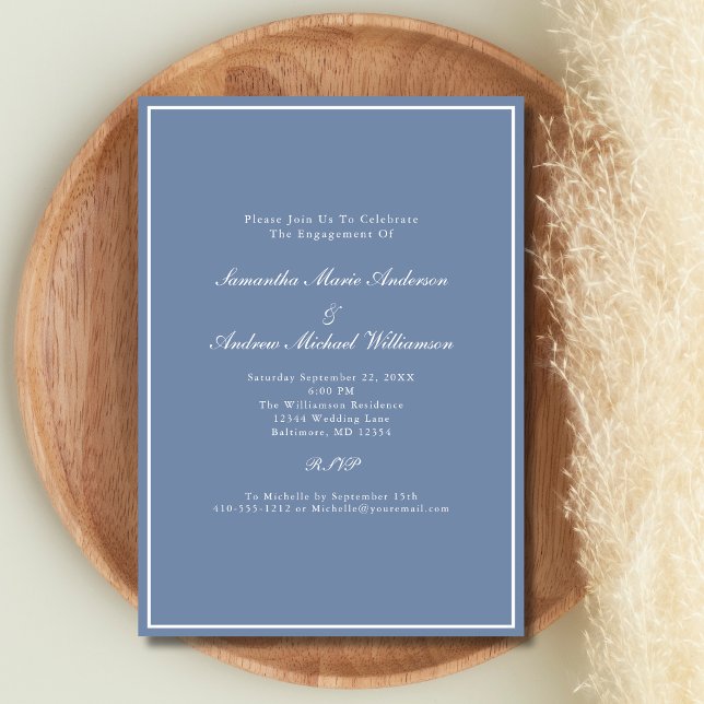 Dammigt blå vit formell elegant bröllop engagemang inbjudningar (Dusty Blue White Elegant Formal Wedding Engagement party invitation)