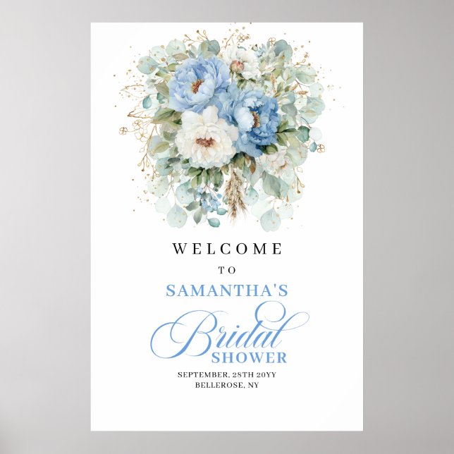 Dammigt blå vit påsklilja blommande guld bröllopsd poster (Framsidan)