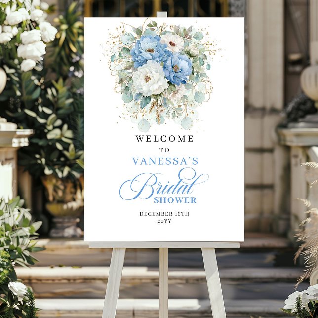Dammigt blå vit påsklilja guld blommig bröllopsdus poster (Dusty blue white peony gold floral bridal shower welcome

)