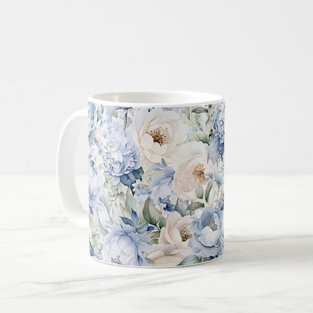 Dammigt Blått Akvarell Elfenbensvita Blommor Löv R Kaffemugg (Framsida vänster)