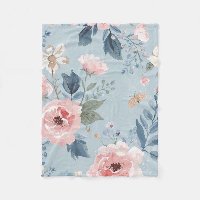 Dammigt Blått Blommig Akvarell Trädgård Rosa Blomm Fleecefilt (Framsidan)