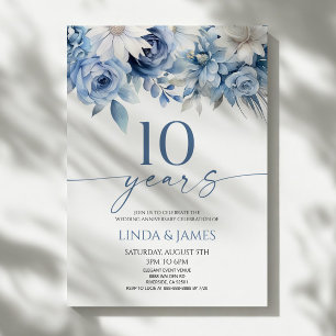 Dammigt Blått Blommigt 10-års Bröllopsjubileum Inbjudningar