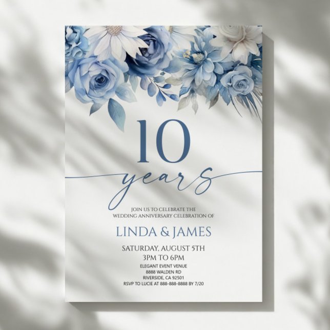 Dammigt Blått Blommigt 10-års Bröllopsjubileum Inbjudningar (Skapare uppladdad)