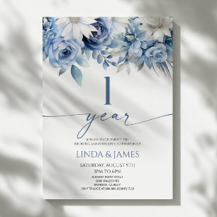 Dammigt Blått Blommigt 1-års Bröllopsjubileum Inbjudningar