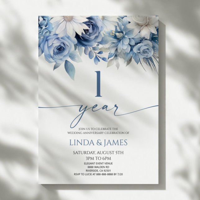 Dammigt Blått Blommigt 1-års Bröllopsjubileum Inbjudningar (Skapare uppladdad)