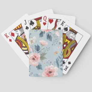 Dammigt Blått Blommigt Akvarell Trädgård Rosa Blom Casinokort