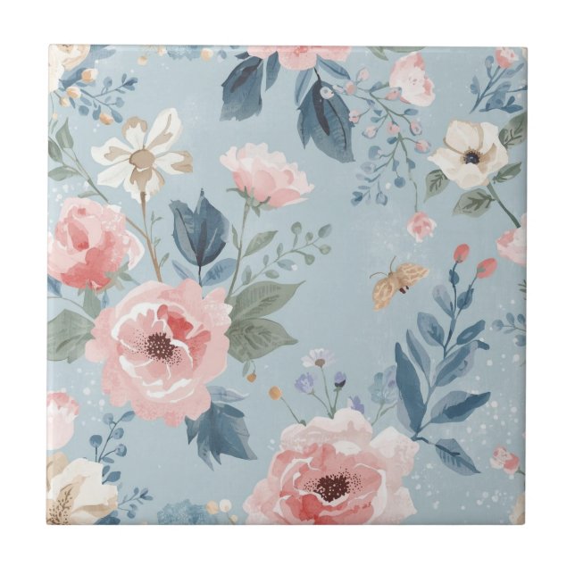 Dammigt Blått Blommigt Akvarell Trädgård Rosa Blom Kakelplatta (Framsidan)